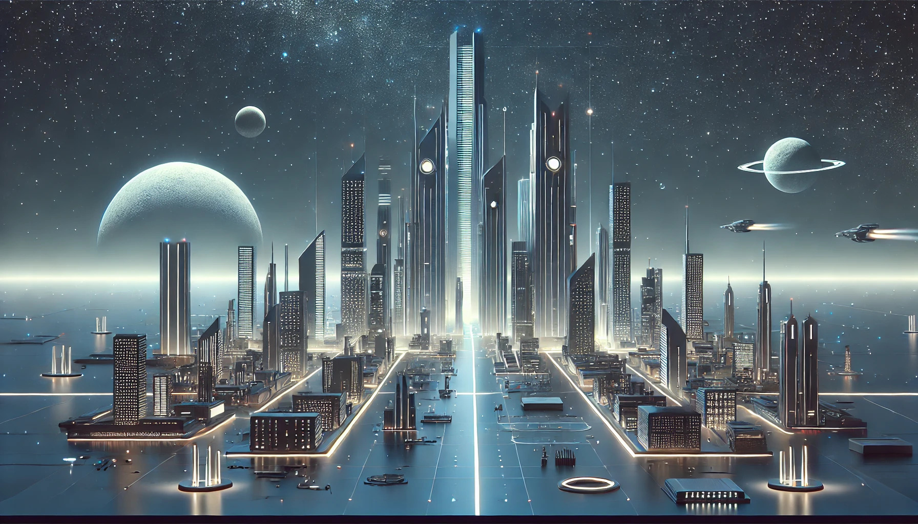 DALL·E 2024 07 14 23.33.11   A minimalist sci fi scene featuring a futuristic cityscape with sleek, towering buildings and advanced technology. The buildings have glowing lights a